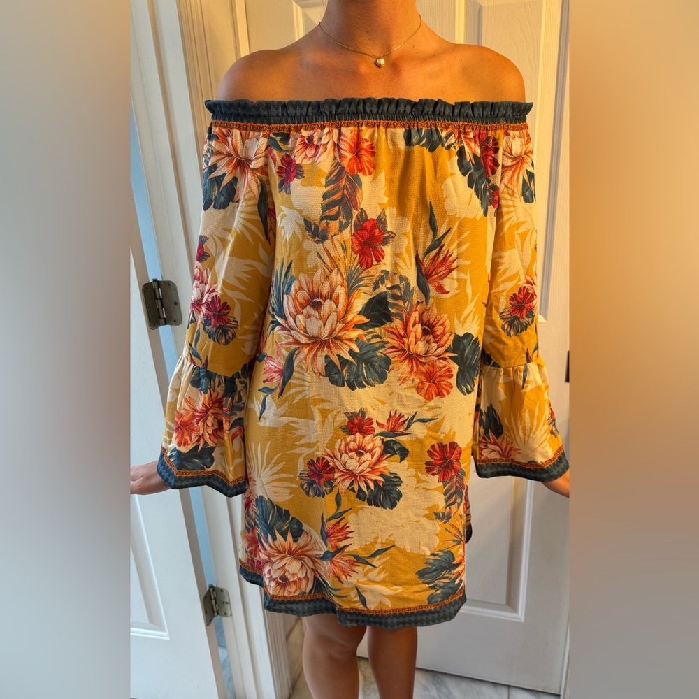 Flying Tomato Tropical Cold Shoulder Midi Dress Yellow Blue Pink Women’s Size M